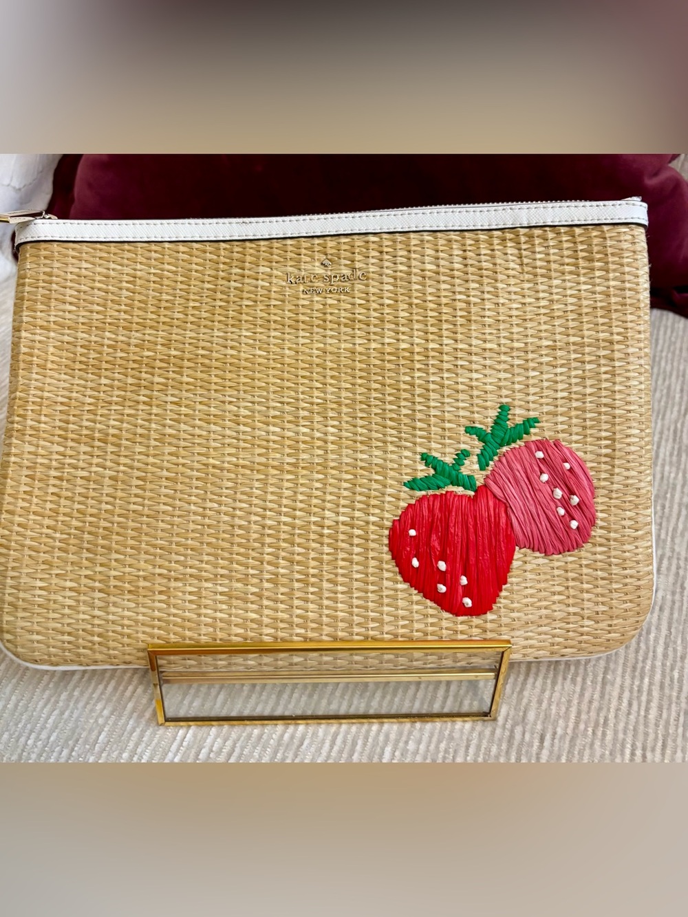 Kate Spade Picnic In The Park Large Zip Pouch Straw Strawberry Clutch NWOT